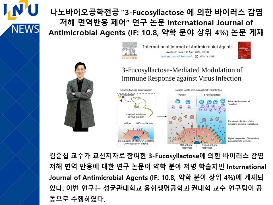 나노바이오공학전공 김준섭 교수님 “3-Fucosyllactose 에 의한 바이러스 감염  저해 면역반응 제어” 연구 논문 International Journal of Antimicrobial Agents (IF: 10.8, 약학 분야 상위 4%) 논문 게재 대표이미지