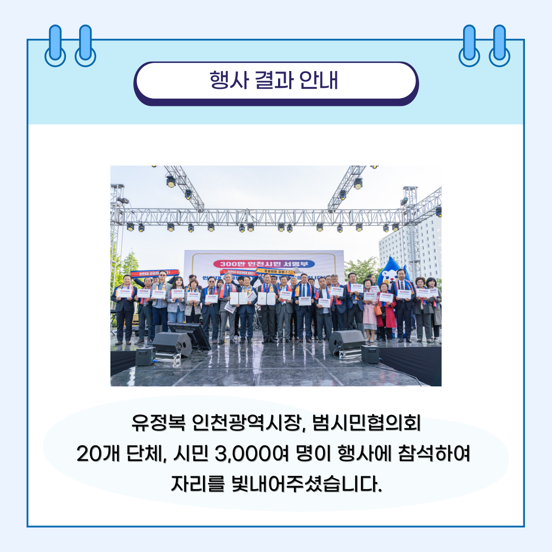 행사 결과 안내 유정복 인천광역시장, 범시민협의회 20개 단체, 시민 3,000여 명이 행사에 참석하여 자리를 빛내어주셨습니다.