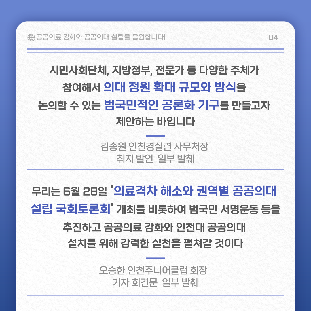 시민사회단체, 지방정부, 전문가 등 다양한 주체가 참여해서 의대 정원 확대 규모와 방식을 논의할 수 있는 범국민적인 공론화 기구를 만들고자 제안하는 바입니다. 김송원 인천경실련 사무처장 취지 발언 일부 발췌. 우리는 6월 28일 '의료격차 해소와 권역별 공공의대 설립 국회토론회' 개최를 비롯하여 범국민 서명운동 등을 추진하고 공공의료 강화와 인천대 공공의대 설치를 위해 강력한 실천을 펼쳐갈 것이다. 오승한 인천주니어클럽 회장 기자 회견문 일부 발췌