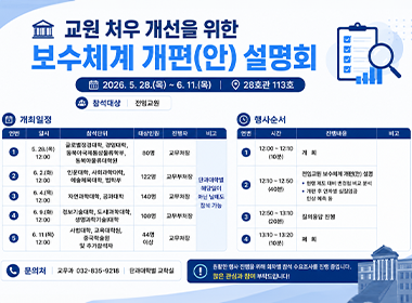 교원 처우 개선을 위한 보수체계 개편(안) 설명회 2026. 5. 28.(목) ~ 6. 11.(목) | 28호관 113호 참석대상 | 전임교원 개최일정 연번 일시 참석단위 대상인원 진행자 비고 1 5. 28.(목) 12:00 글로벌정경대학, 경영대학, 동북아국제통상물류학부, 동북아물류대학원 80명 교무처장 2 6. 2.(화) 12:00 인문대학, 사회과학대학, 예술체육대학, 법학부 122명 교무부처장 3 6. 4.(목) 12:00 자연과학대학, 공과대학 140명 교무처장 4 6. 9.(화) 12:00 정보기술대학, 도시과학대학, 생명과학기술대학 108명 교무부처장 5 6. 11.(목) 12:00 사범대학, 교육대학원, 중국학술원 및 추가참석자 44명 이상 교무처장 단과대학별 해당일이 아닌 날에도 참석 가능 행사순서 연번 시간 진행내용 비고 1 12:00 ~ 12:10 (10분) 개회 2 12:10 ~ 12:50 (40분) 전임교원 보수체계 개편(안) 설명 &bull; 현행 제도 대비 변경점 비교 분석 &bull; 개편 후 연차별 실질임금 인상 예측 등 3 12:50 ~ 13:10 (20분) 질의응답 진행 4 13:10 ~ 13:20 (10분) 폐회 문의처 교무과 032-835-9218 단과대학별 교학실 원활한 행사 진행을 위해 회차별 참석 수요조사를 진행 중입니다. 많은 관심과 참여 부탁드립니다!