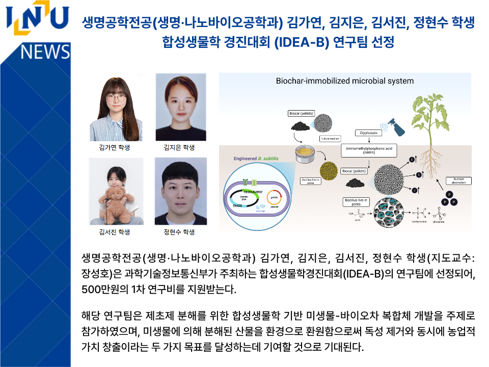 생명공학전공(생명·나노바이오공학과) 김가연, 김지은, 김서진, 정현수 학생 합성생물학 경진대회 (IDEA-B) 연구팀 선정 대표이미지