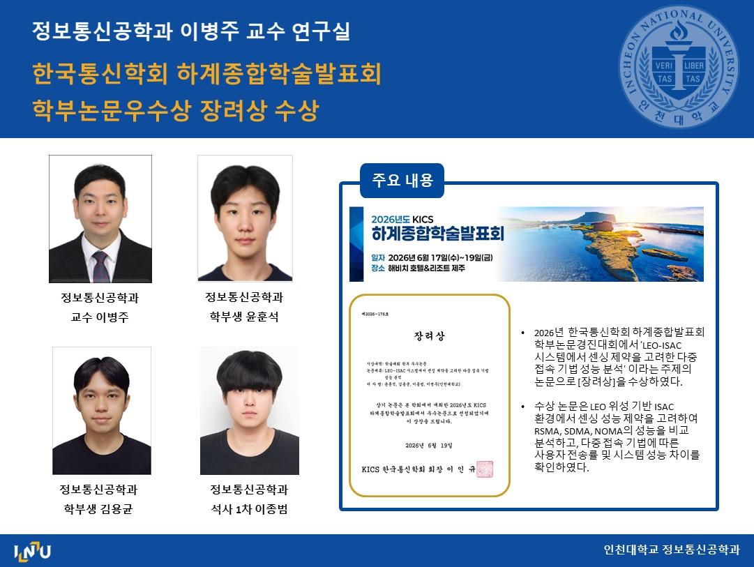 이병주 교수실(윤훈석, 김용군, 이종범) 한국통신학회 하계종합학술발표회 학부논문우수상 장려상 수상 대표이미지