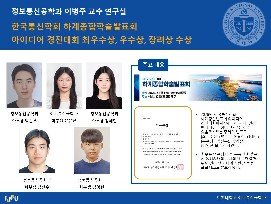 이병주교수실(박준우,윤유진,김해린,김선우,박영한) 한국통신학회 하계종합학술발표회 아이디어 경진대회 최우수상, 우수상, 장려상 수상 대표이미지
